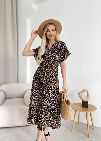 Темно-бежевое повседневный платье с леопардовым принтом на пуговицах рубашка No Brand леопардовый