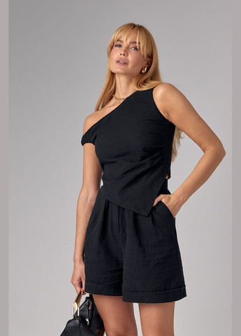 Жіночий лляний костюм із шортами та асиметричним топом - чорний Lurex (297574649)
