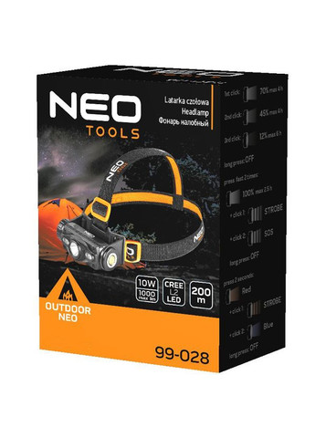Налобний ліхтарик (1000 лм, 2 А*год, 200 м) світлодіодний із акумулятором (26459) Neo Tools (360549217)
