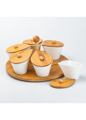 Набор керамических баночек для сыпучих продуктов 6 штук по 100 мл на бамбуковой подставке TS Kitchen (360455403)