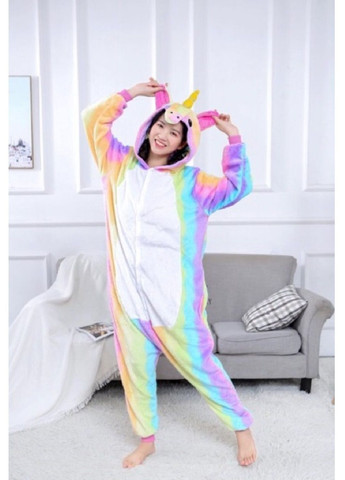 Кігурумі костюм піжама жіночий махровий застібається на кнопках з капюшоном вухами (478514-Prob) Райдужний єдиноріг розмір М Unbranded (305843431)