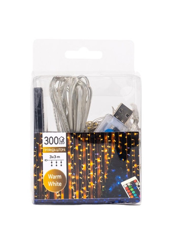 Гирлянда штора 300 LED 3х3 м желтое свечение USB шнур+пульт 119133-025 No Brand (346152517)