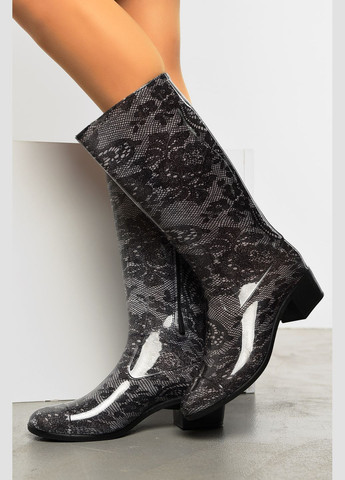 Черные сапоги резиновые высокие женские черного цвета с серым узором Let's Shop