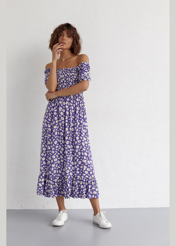 Фіолетова повсякденний жіноча довга сукня з еластичною талією та оборкою 4133 Lurex з квітковим принтом