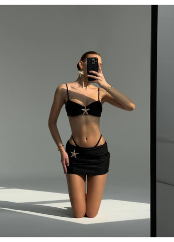 Чорний літній жіночий купальник з морською зіркою та спідничкою / жіночий купальник чорний зі зіркою декором + міні-спідниця No Brand