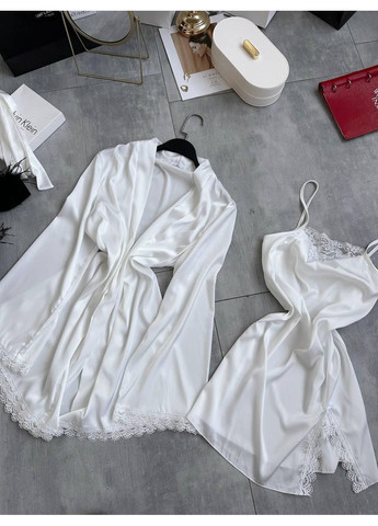 Белый демисезонный шелковый комплект халат + платье No Brand