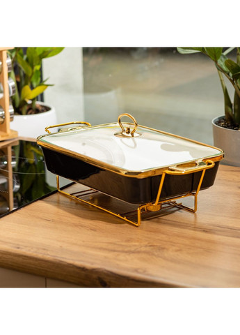 Мармитница керамическая прямоугольная 2 л с подставкой и стеклянной крышкой Черный Yiwu (362456138)