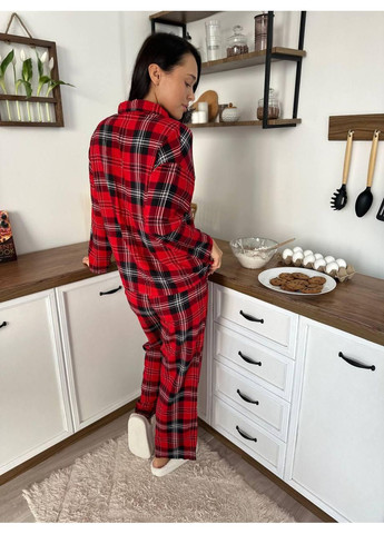 Красная женская пижама из вискозы в красно-черную клеточку / женская вискозная пижама с длинными рукавами и брюками / домашняя женская пижама No Brand