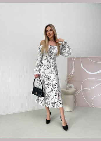 Белое повседневный женское платье с шолка с открытыми плечами, с корсетом Україна с цветочным принтом