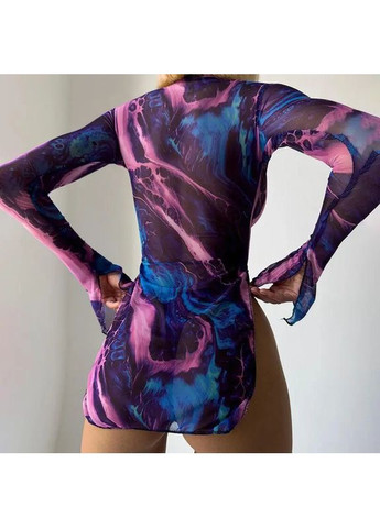 Темно-фиолетовый демисезонный элегантный трендовый пеньюар тай-дай с абстрактной аппликацией и стрингами в комплекте, сетчатый разноцветный No Brand пеньюар Тай-Дай вогонь