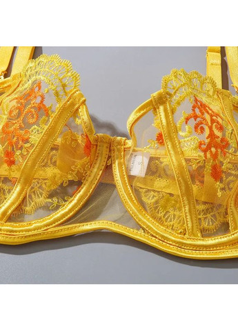 Желтый демисезонный кружевной комплект с поясом. женское прозрачное нижнее белье для секса. белье женское качественное по доступной l, жёлтое China