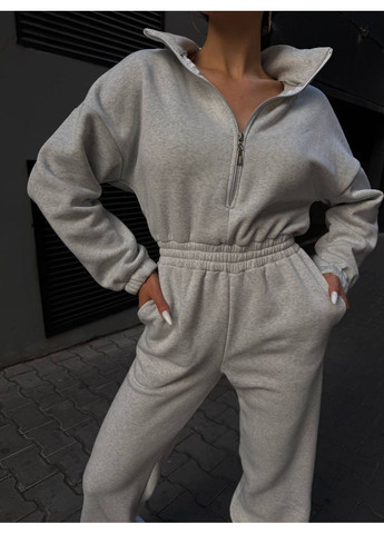 Женский комбинезон на флисе Avanti комбинезон-брюки однотонный светло-серый спортивный, повседневный трехнитка с начесом