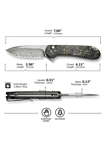 Нож складной Elementum II Shredded Carbon C18062P-10, из дамасской стали, тип замка - button lock, вес - 81 г Civivi (395604788)