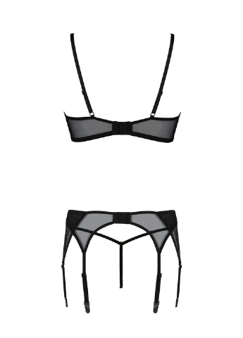 Черный демисезонный комплект leafa set black,, кружево+сетка, бюстгальтер на косточках, стринги, пояс для чулок - cherrylove Passion