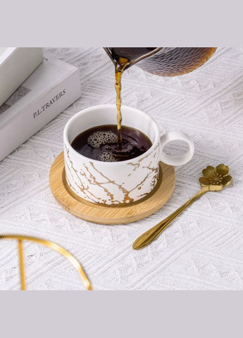 Набор чашек Мраморная роскошь White 4 шт с бамбуковым блюдцем подставкой для чая кофе 9шт Lesko (336205742)