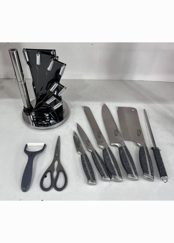 Набор ножей + ножницы на подставке (9 предметов) Zepline ZP-027 серые, пластик, металл, нержавеющая сталь