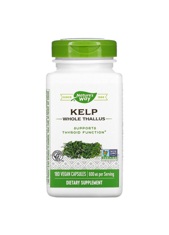 Келп 600 мг натуральне джерело йоду Kelp бурі водорості 180 веганських капсул Nature's Way (264648073)