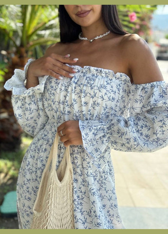 Білий повсякденний сукня жіноча з відкритими плечима Україна з квітковим принтом