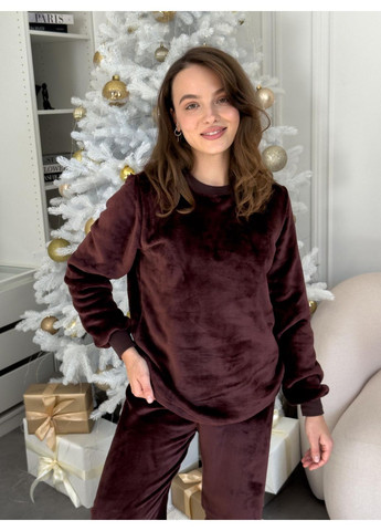 Коричнева зимня піжама жіноча тепла "теплик", шоколад лонгслів + брюки Cosy