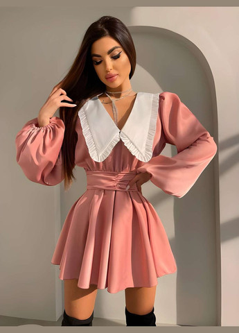 Персикова святковий, коктейльна, карнавальний, відвертий, вечірня жіноча блакитна атласна коротка міні сукня з білим комірцем і довгими рукавами baby doll Україна однотонна