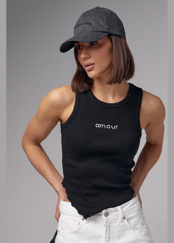 Жіноча майка в рубчик з асиметрією і написом Amour Liton — 296469609