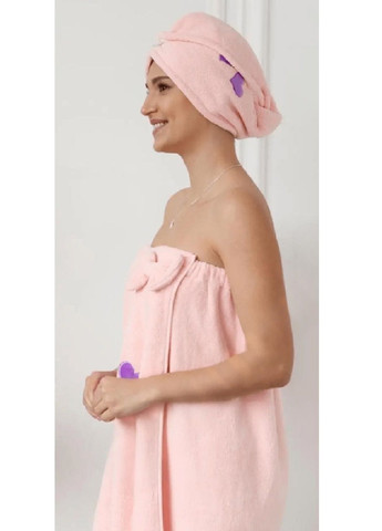 Набор женский полотенце халат для тела чалма на голову микрофибра для ванны бани сауны 140х80 см (478867-Prob) Сердце розовый Unbranded (314765682)