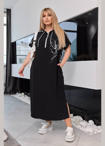 Черное женское платье с поясом цвет черный цветы р.50/52 453802 New Trend