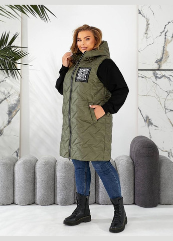 Жіноча жилетка батал хакі довжина по коліно пряма з капюшоном і кишенями Viki Жилет (316111605)