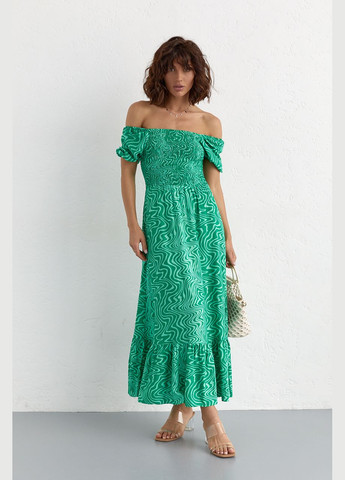 Изумрудное пляжное летнее платье макси с эластичным верхом 5554-1 Lurex с абстрактным узором