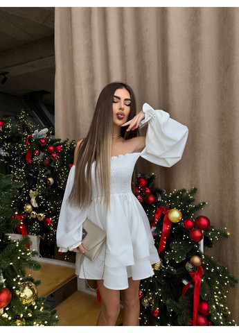 Білий святковий міні-сукня з відкритими плечима та пишними рукавами з пишною спідницею, з відкритими плечима MonCher
