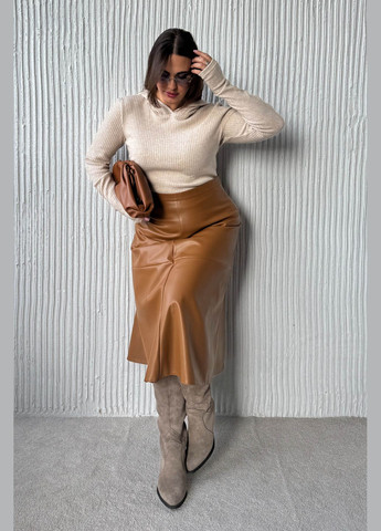 Коричневая офисная, повседневная, кэжуал однотонная стильная юбка из эко-кожи без ремня Jadone Fashion а-силуэта (трапеция)