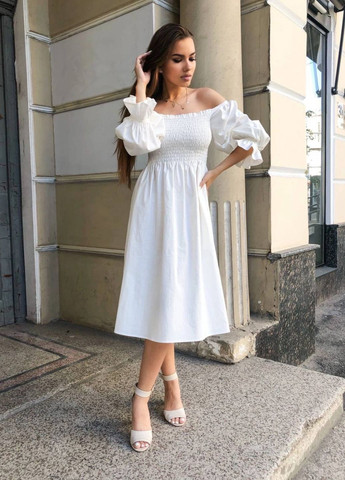 Білий повсякденний жіноча лляна сукня міді з рукавами ліхтариками з відкритими плечима Україна однотонна