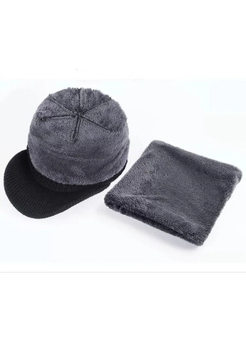 Набір чоловіча шапка з козирком і шарф снуд зимові чорний з сірим (748) No Brand (363869599)