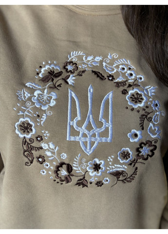 Бежевий жіночий вишитий бежевий світшот з тризубом в віночку НоКо квітковий вишивка (364196582)