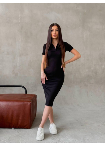 Черное базовое женское платье-поло с коротким рукавом турецкий рубчик, 46/48 No Brand