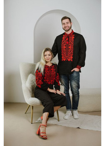 Чёрная женская вышиванка черная с крестиком красного цвета машинная вышивка с геометрическим орнаментом, l лен (301033712)