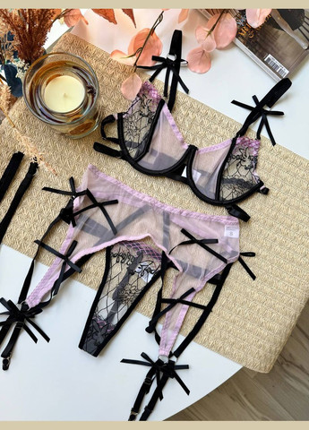 Світло-рожевий демісезонний спокусливий напівпрозорий комплект з бантиками No Brand