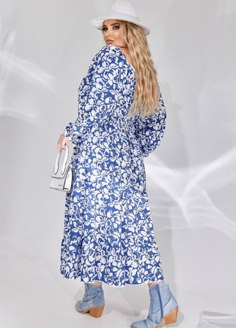 Синее повседневный платье макси с вырезом каре на завязках No Brand с цветочным принтом