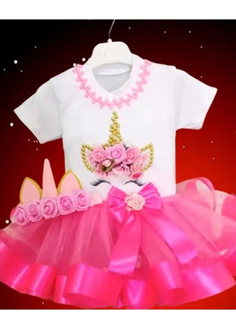 Белый праздничный костюм для девочки "единорожка", юбочка, футболочка и обруч юбочный No Brand
