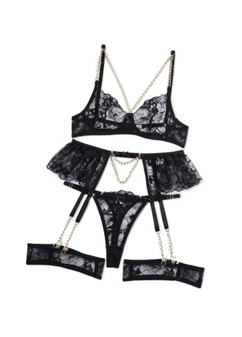 Черный демисезонный комплект откровенный женского белья liberta бюстгальтер трусики пояс с гартерами No Brand Комплект нижньої білизни Liberta