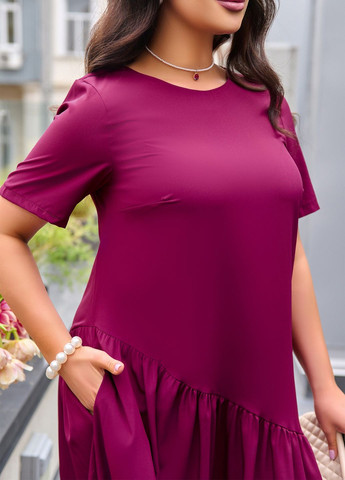 Бордовое повседневный, кэжуал платье-миди с короткими рукавами а-силуэт No Brand однотонное