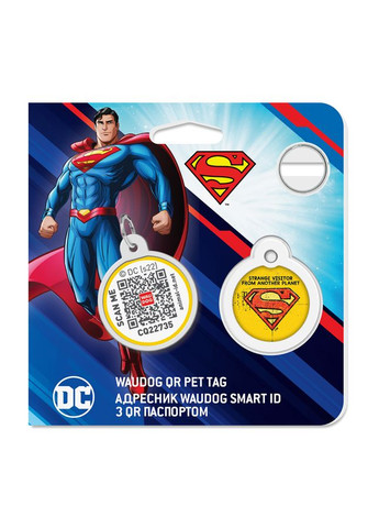 Адресник для собак та котів металічний Smart ID з QR паспортом, малюнок "Супермен вінтаж", круг, Д 25 мм WAUDOG (322001326)
