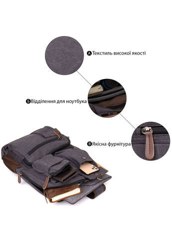 Рюкзак для ноутбука дорожній текстильний унісекс графіт 30х42х15 см 20617 Vintage (362417917)
