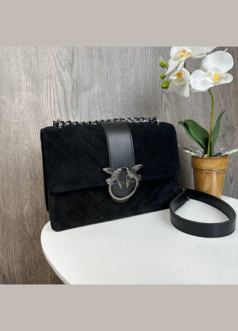 Замшева стьобана сумочка клатч на плече з ланцюжком натуральна чорна замша (sku_1664) No Brand (330576640)