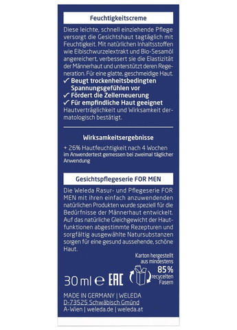 Увлажняющий крем для лица, для мужчин, 30 мл Weleda (328397956)