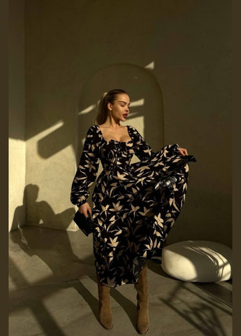 Чорна коктейльна, ділова, повсякденний, кежуал, вечірня жіноча сукня кльош FINO Mode з квітковим принтом