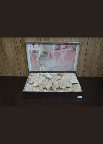 Велюрова скатертина з ранером Aylin Set 160×350+12 серветок Бежева Selin (338425327)