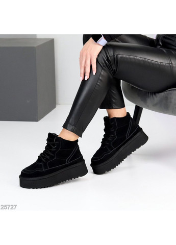 Жіночі зимові уггі на шнурівці Leron, чорні, з натуральної замші, утеплені екохутром No Brand (365756107)