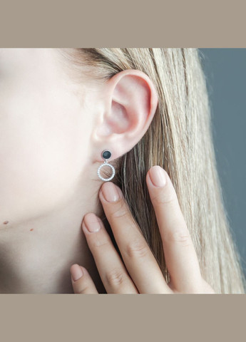 Срібні сережки пусети День-Ніч з чорною емаллю та білими фіанітами Каштан (342335500)