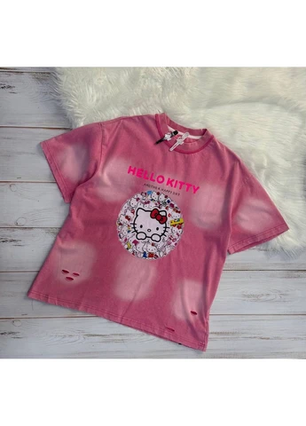 Розовая летняя футболка детская для девочки hello kitty розовая оверсайз с принтом No Brand